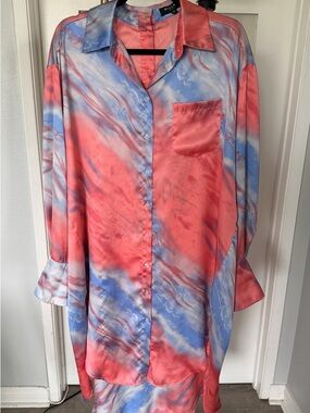 Silky Coral & Sky Blue Marble Button-Up Shirt